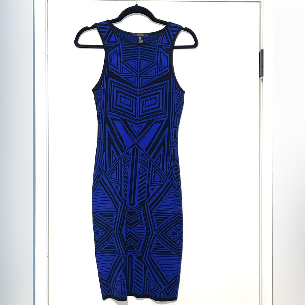 Mini Blue Pattered Bodycon Dress. sz Small.